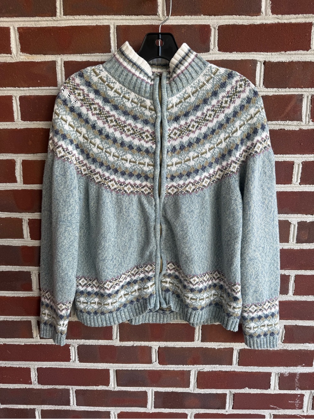 Vintage Tiara International Fair Isle Zip Cardigan Sweater Light Blue Large 2003